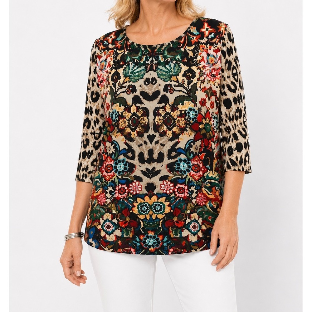 Ali Miles Womens XL Mixed Print Leopard Floral Tunic Blouse 3/4 Sleeve Multi